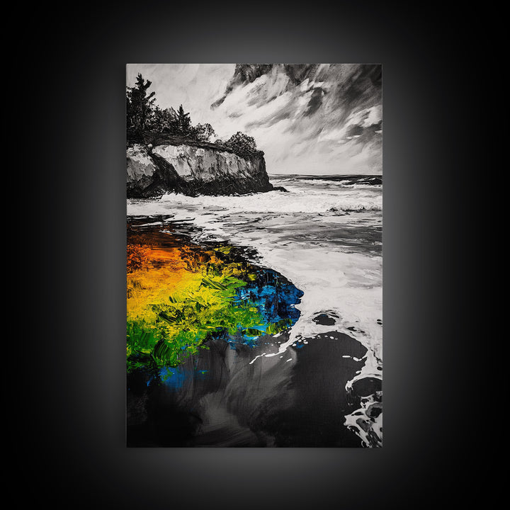 Cliffside Waves, Coastal Wall Art, Ocean Landscape, Framed Canvas Print, Beach House Decor, Monochrome Seascape, Nautical Gift