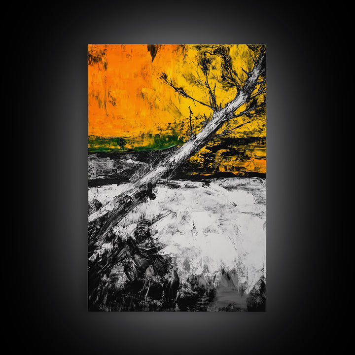Abstract Tree, Fall Wall Art, Modern Nature Painting, Framed Canvas Print, Rustic Home Decor, Bold Orange Yellow, Unique Artwork