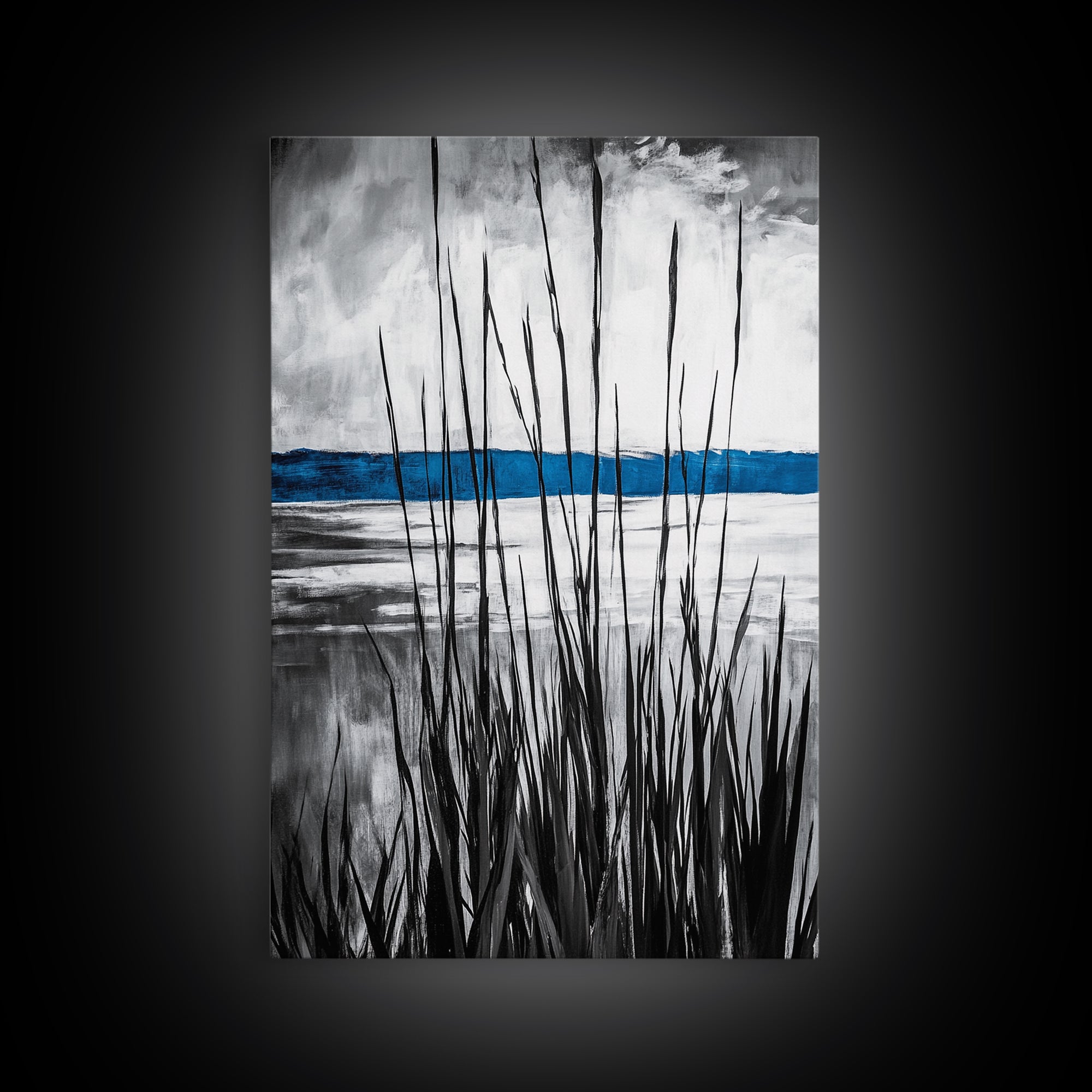 Tall Grass, Serene Lake View, Minimalist Coastal Art, Black White Landscape, Contemporary Home Decor, Canvas Print