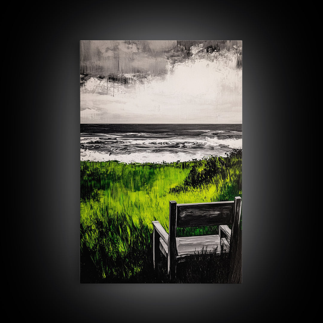 Beach View, Green Grass Landscape, Peaceful Coastal Decor, Seaside Retreat Art, Contemporary Wall Art, Framed Canvas Print