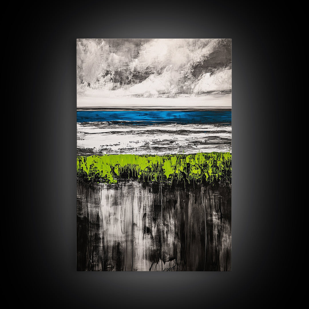 Coastal Horizon, Abstract Ocean, Framed Canvas Print, Beach Wall Art, Nautical Home Decor, Blue and White Art, Modern Living Room Art