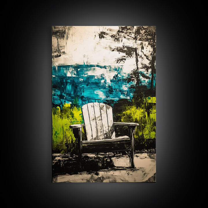 Adirondack Chair, Lakeside View, Framed Canvas Print, Rustic Cabin Decor, Nature Wall Art, Relaxing Retreat Art, Outdoor Artwork