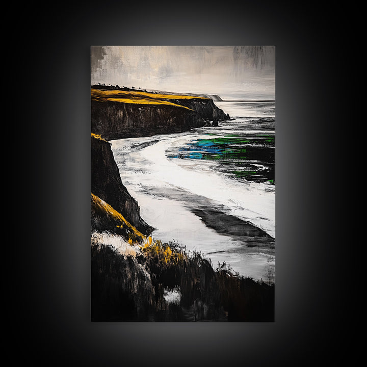 Coastal Cliffs, Ocean Waves, Beach Landscape, Nature Wall Art, Framed Canvas Print, Living Room Decor, Modern Seascape, Blue Tones