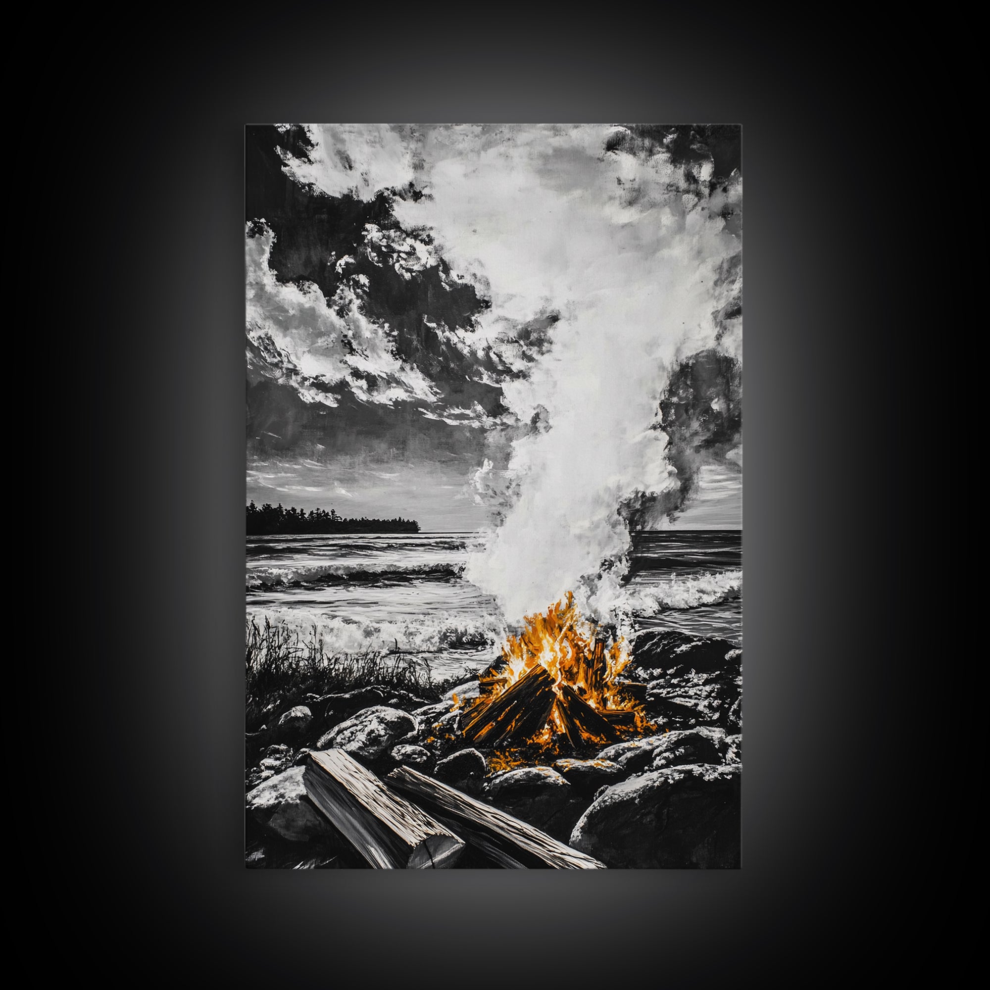 Bonfire on Beach, Coastal Sunset, Framed Canvas Print, Fall Wall Art, Warm Glow Art, Ocean Inspired Decor, Rustic Firelight, Home Accent