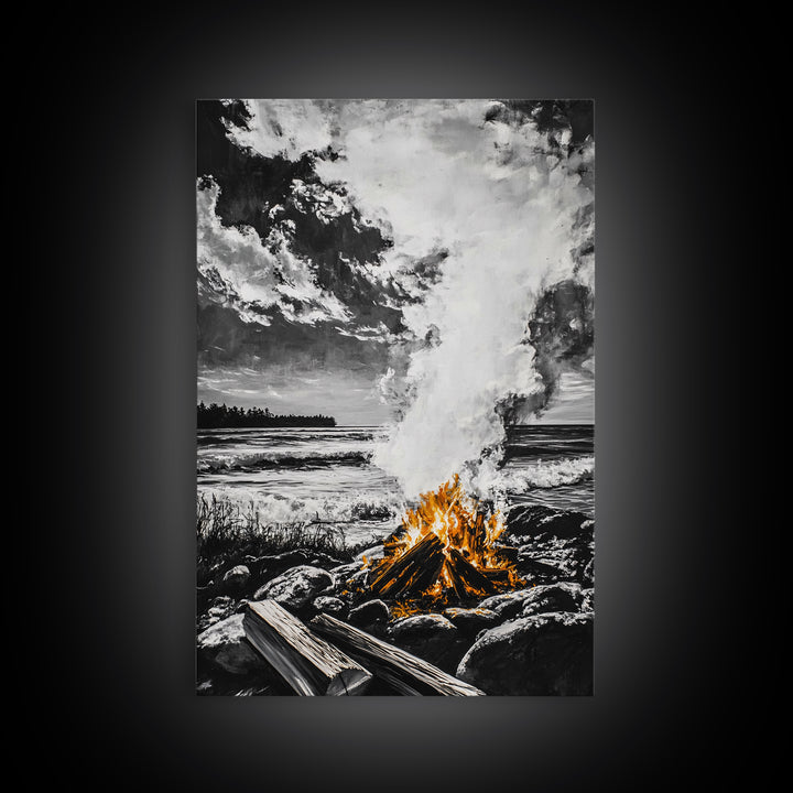 Bonfire on Beach, Coastal Sunset, Framed Canvas Print, Fall Wall Art, Warm Glow Art, Ocean Inspired Decor, Rustic Firelight, Home Accent