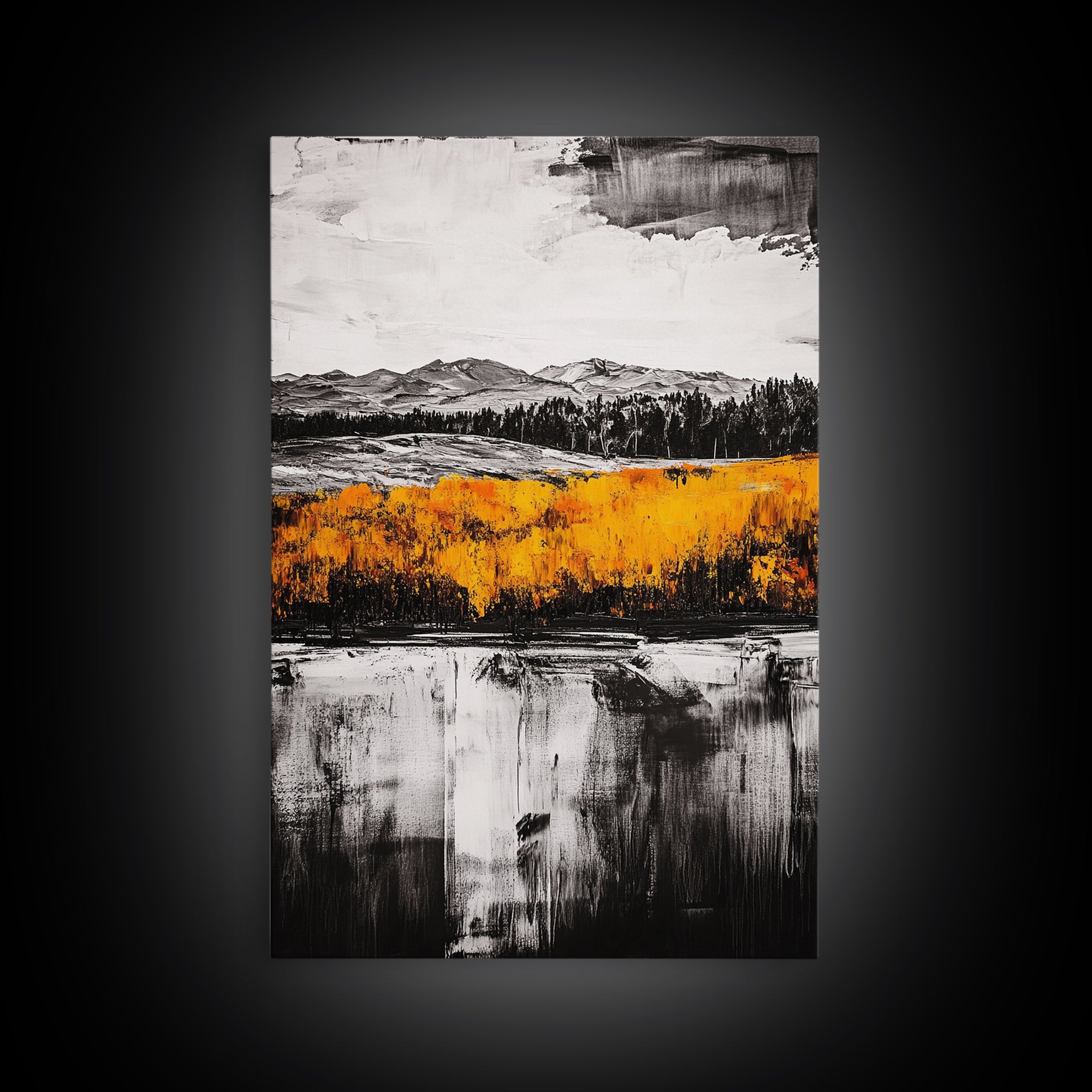 Autumn Mountain Scene, Yellow Trees Reflection, Black White Landscape, Rustic Cabin Art, Cozy Fall Wall Decor, Framed Canvas Print