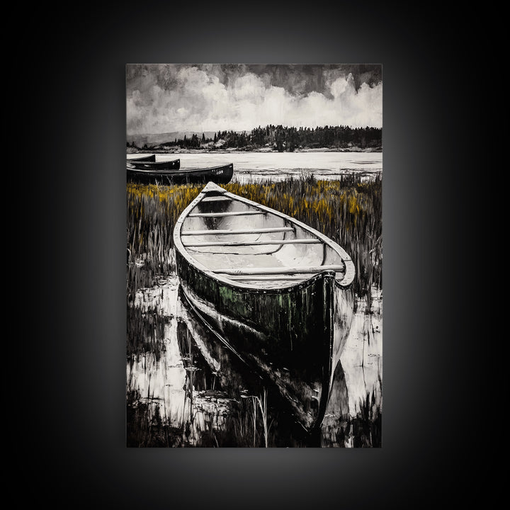 Canoe on Water, Lakeside Reflection, Framed Canvas Print, Nature Art, Cabin Wall Decor, Black and White Landscape, Serene Home Accent