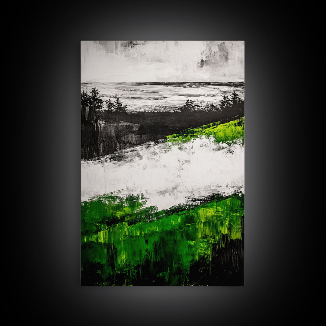 Coastal Cliffs, Ocean Landscape Art, Green Hills Painting, Nature Decor, Outdoor Wall Art, Minimalist Home Print, Framed Canvas Print