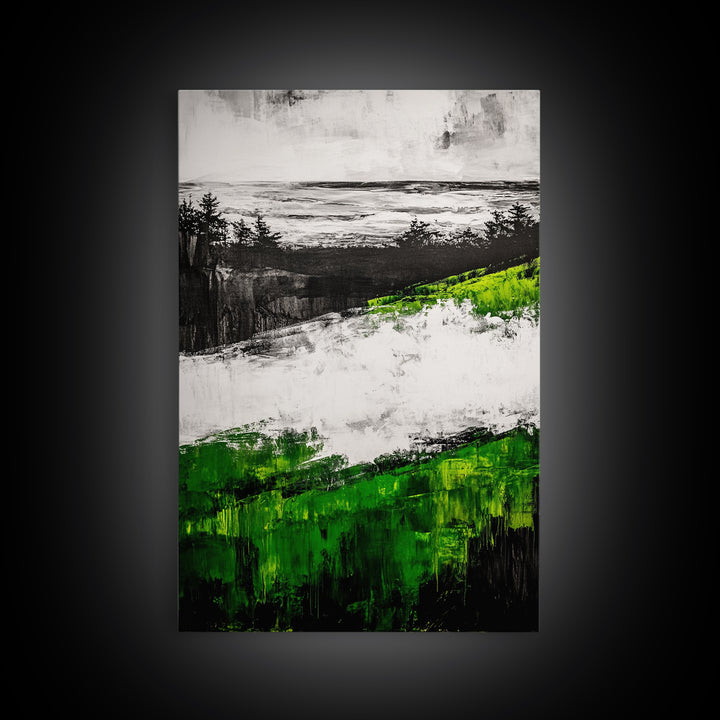 Coastal Cliffs, Ocean Landscape Art, Green Hills Painting, Nature Decor, Outdoor Wall Art, Minimalist Home Print, Framed Canvas Print