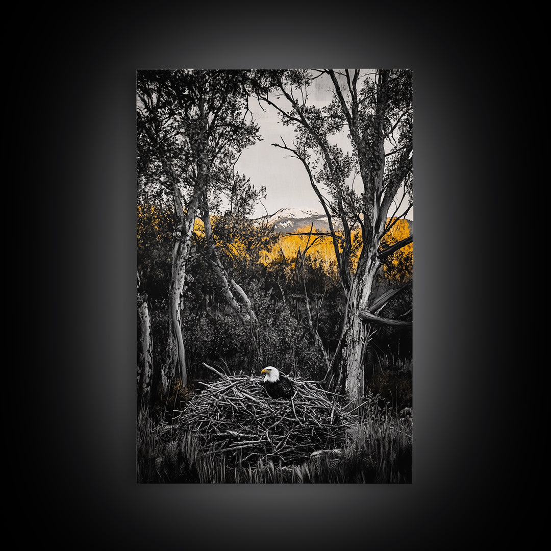 Bald Eagle Nest Art, Black White Forest, Yellow Fall Trees, Wildlife Nature Decor, Rustic Lodge Wall Art, Living Room Art, Canvas Print