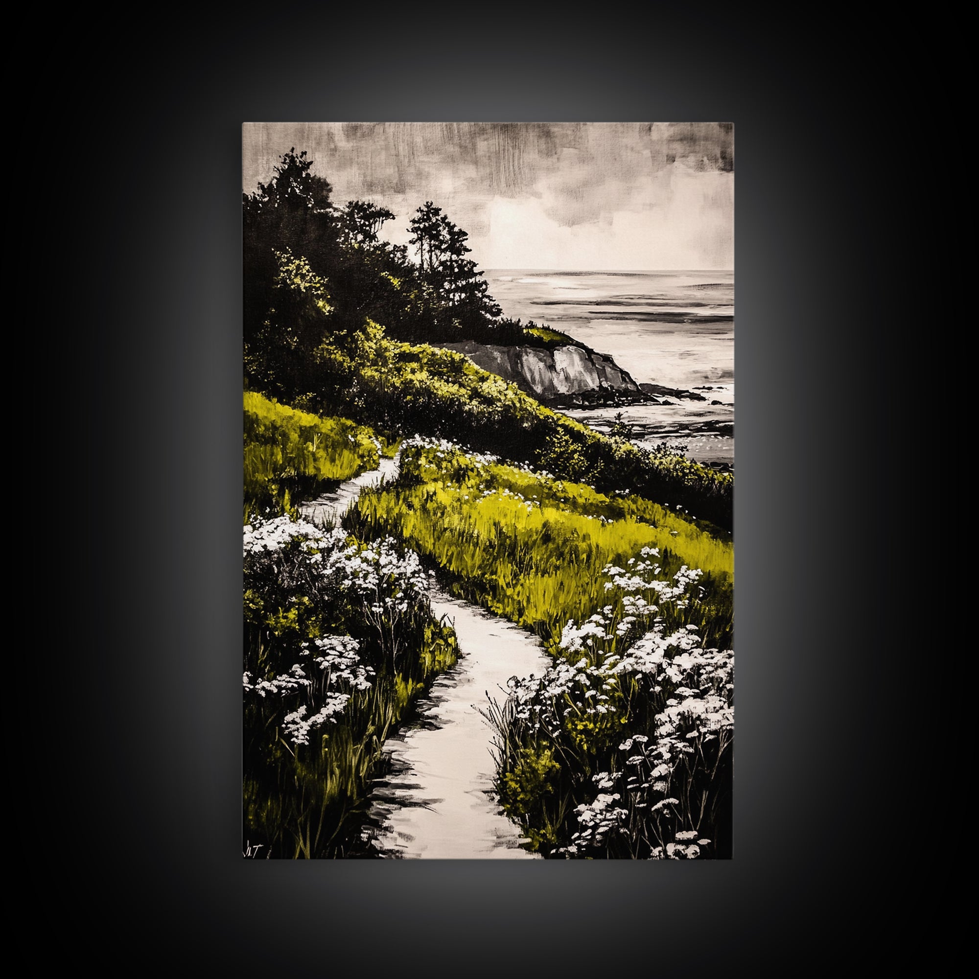 Pathway View, Coastal Nature Painting, Canvas Print, Scenic Landscape, Green and White Wall Art, Serene Home Decor, Boho Artwork