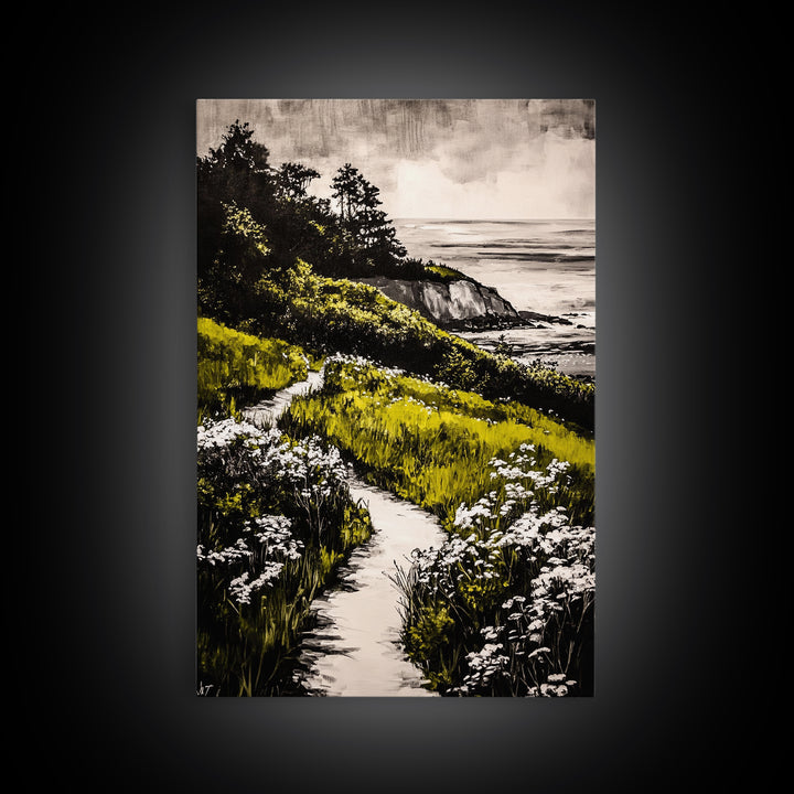 Pathway View, Coastal Nature Painting, Canvas Print, Scenic Landscape, Green and White Wall Art, Serene Home Decor, Boho Artwork