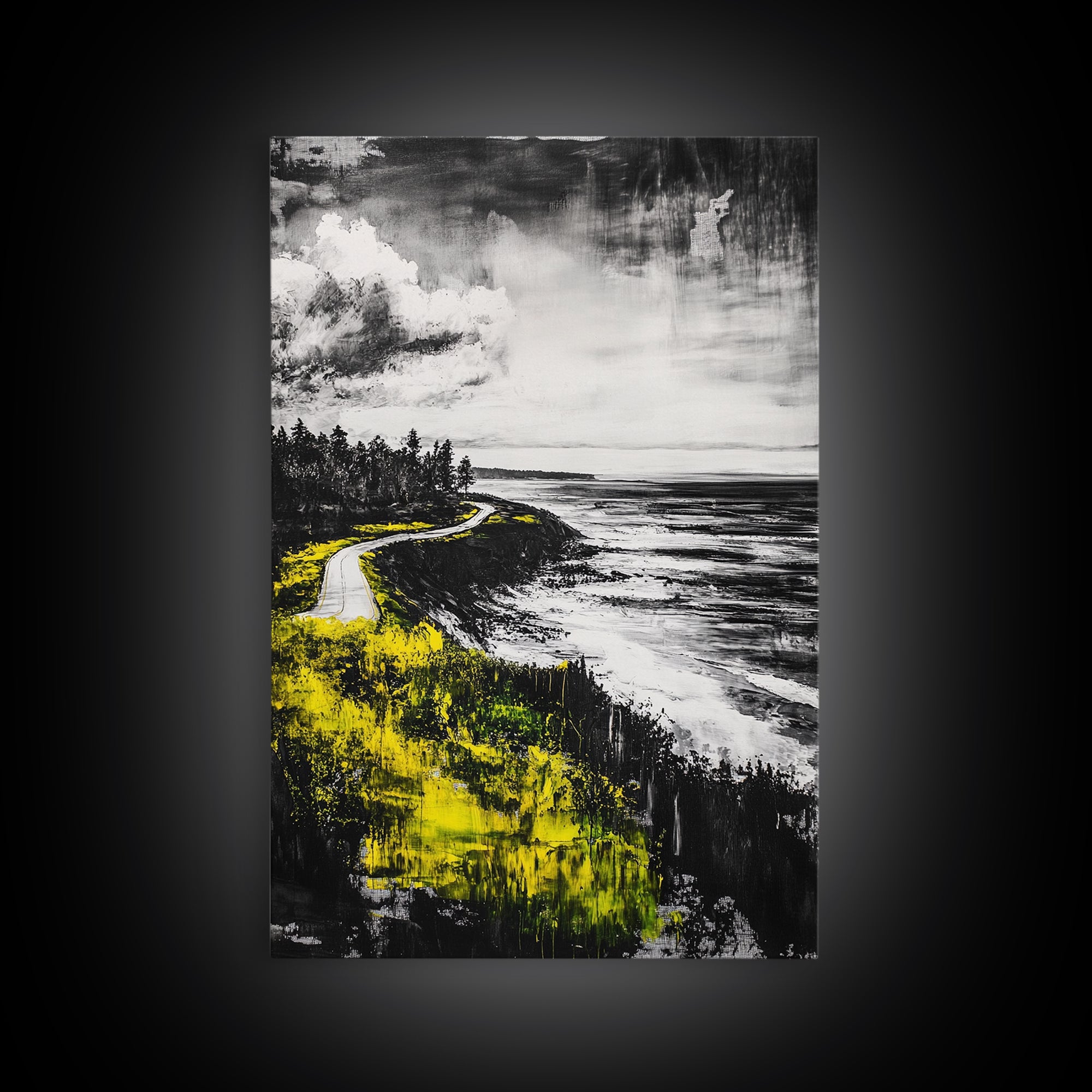 Coastal Road, Ocean View, Yellow Grass, Canvas Print, Scenic Landscape, Rustic Wall Art, Beach House Decor, Nature Painting