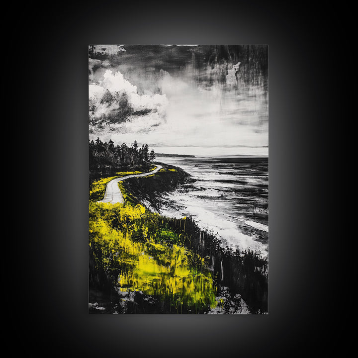 Coastal Road, Ocean View, Yellow Grass, Canvas Print, Scenic Landscape, Rustic Wall Art, Beach House Decor, Nature Painting
