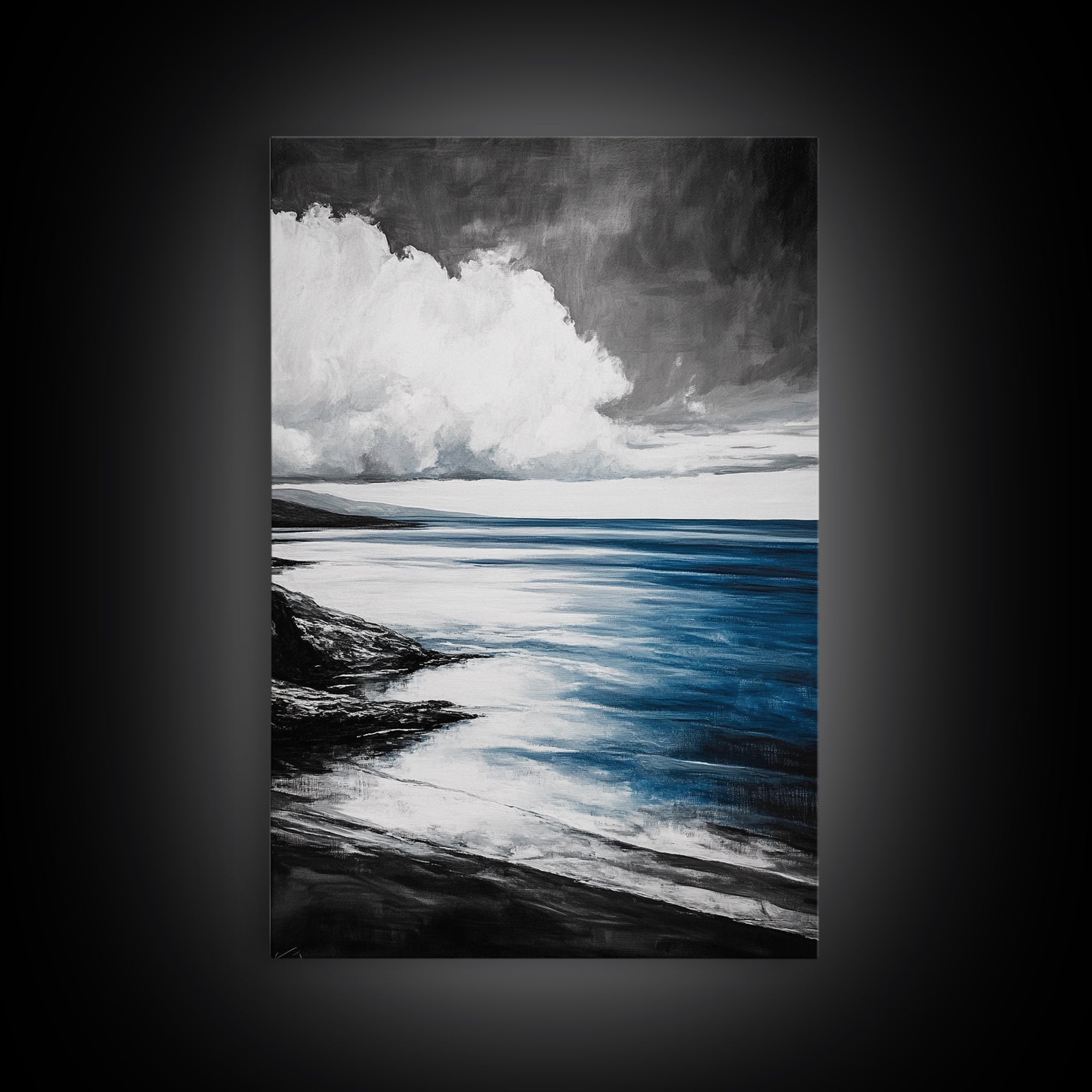 Coastal Shoreline Art, Monochrome Beach Print, Serene Ocean View, Tranquil Seascape Wall Decor, Nautical Art, Framed Canvas Print