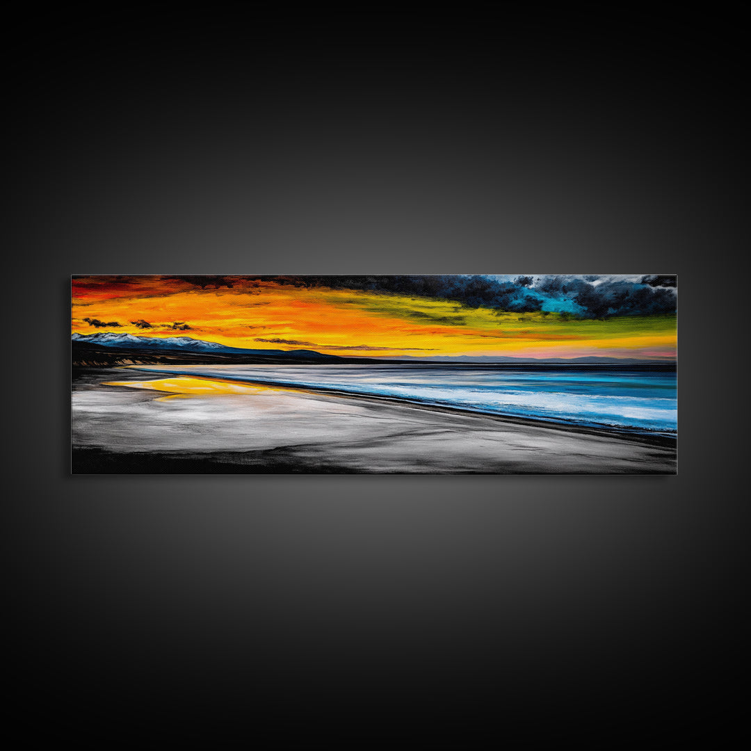 Dramatic Beach Sunset, Golden Coastal Painting, Moody Ocean Wall Art, Vibrant Seascape Print, Tropical Home Decor, Framed Canvas Print