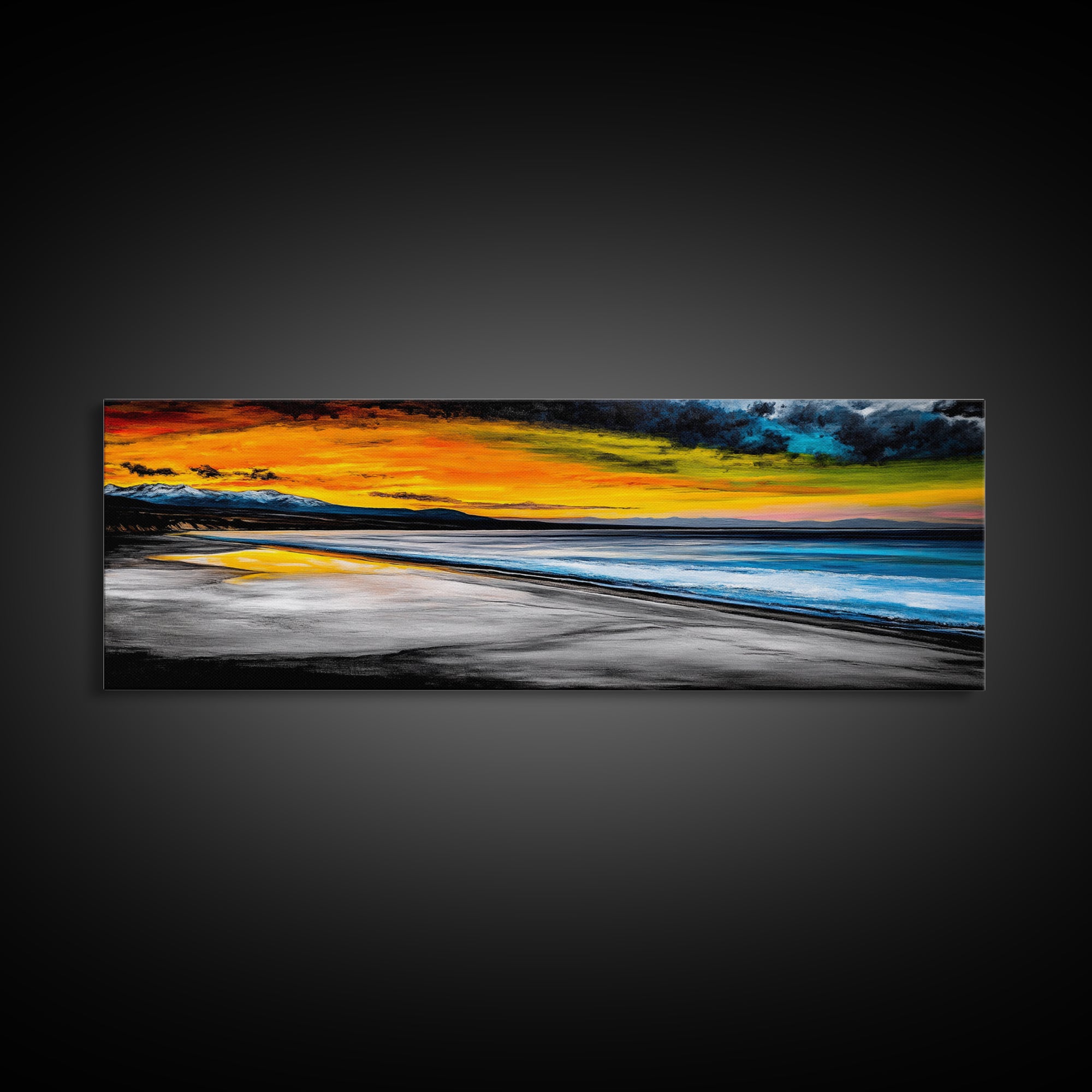 Dramatic Beach Sunset, Golden Coastal Painting, Moody Ocean Wall Art, Vibrant Seascape Print, Tropical Home Decor, Framed Canvas Print