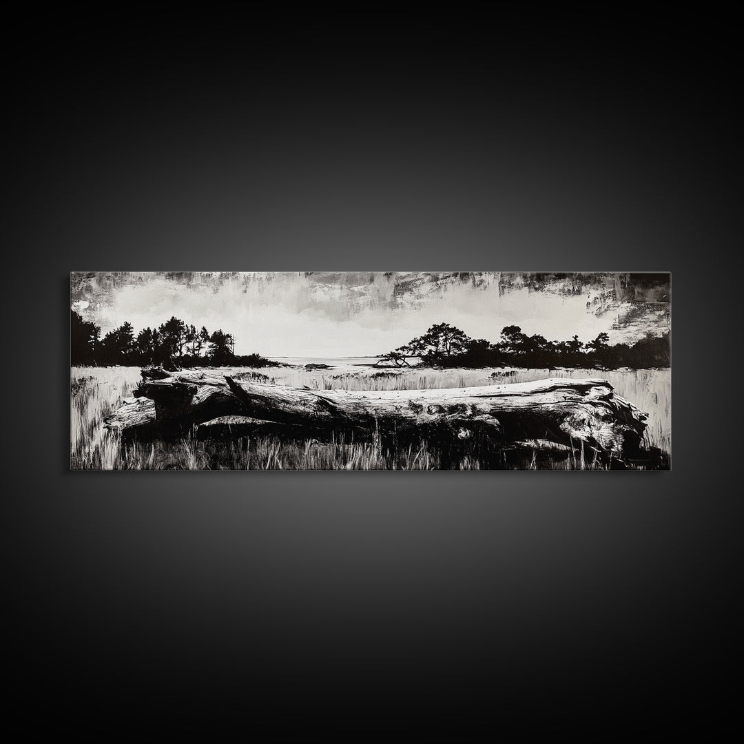 Driftwood Beach, Coastal Landscape, Framed Canvas Print, Black and White Wall Art, Nature Photography Style, Serene Home Decor, Bedroom Art