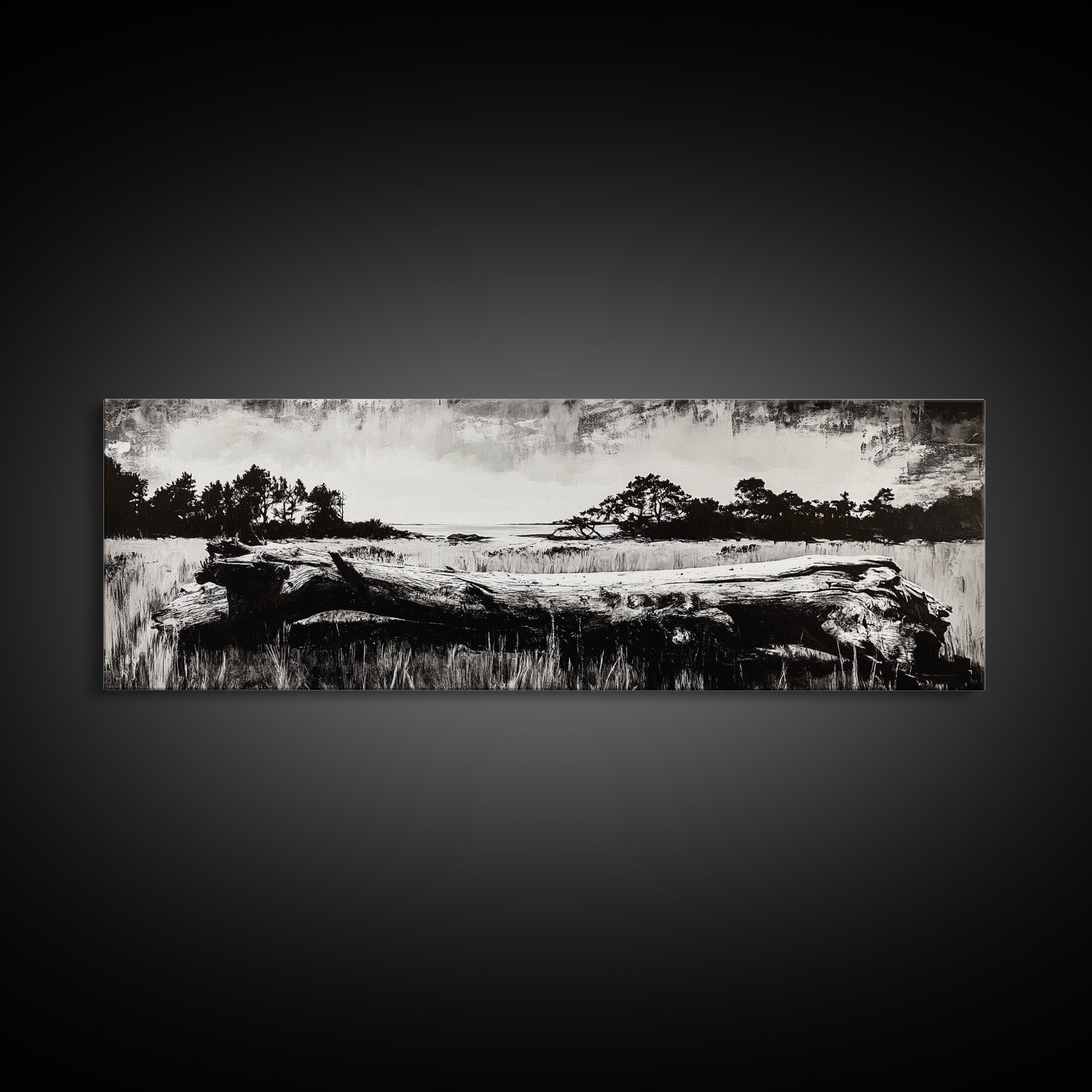 Driftwood Beach, Coastal Landscape, Framed Canvas Print, Black and White Wall Art, Nature Photography Style, Serene Home Decor, Bedroom Art