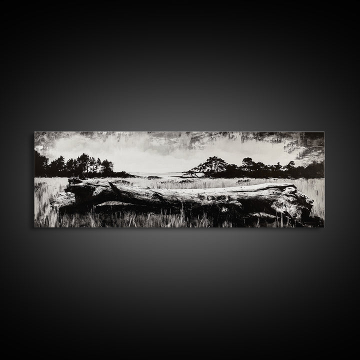 Driftwood Beach, Coastal Landscape, Framed Canvas Print, Black and White Wall Art, Nature Photography Style, Serene Home Decor, Bedroom Art