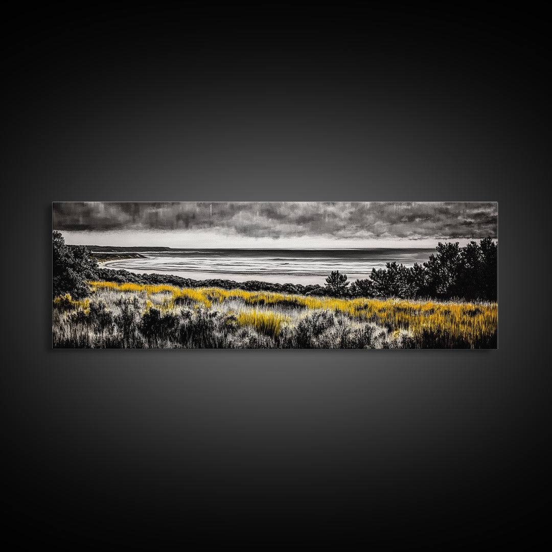 Coastal Storm, Moody Ocean Art, Dramatic Landscape, Black and Gold Print, Framed Canvas Print, Modern Wall Art, Beach House Decor