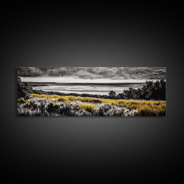 Coastal Storm, Moody Ocean Art, Dramatic Landscape, Black and Gold Print, Framed Canvas Print, Modern Wall Art, Beach House Decor