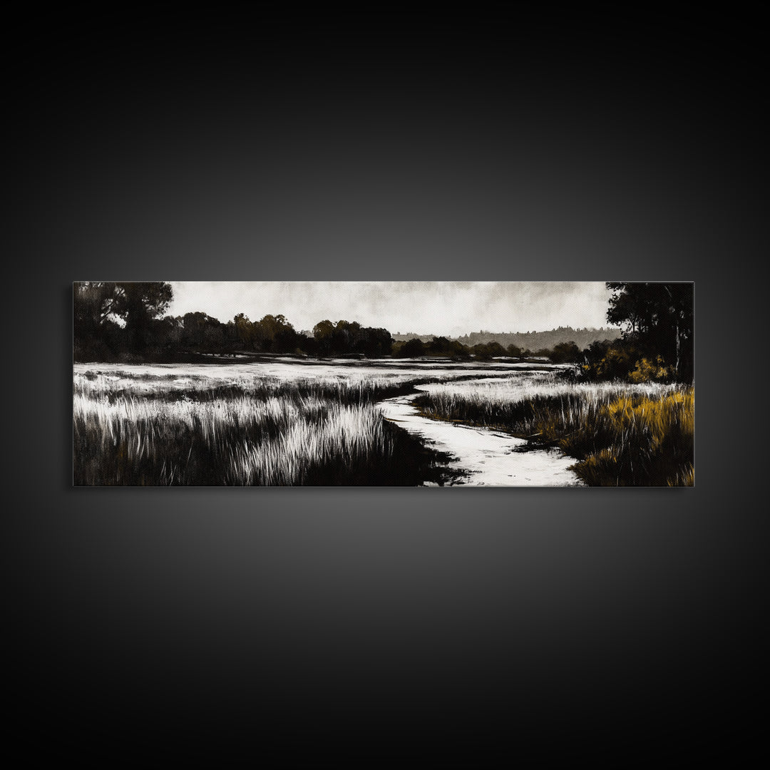 Black and White Marsh, Rustic Landscape, Moody Wall Art, Minimalist Nature Print, Framed Canvas Print, Bedroom Wall Decor