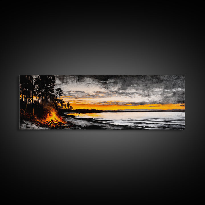 Campfire by Lake, Sunset Landscape Art, Cozy Rustic Print, Fall Wall Decor, Outdoor Adventure Canvas Print, Framed Canvas Print