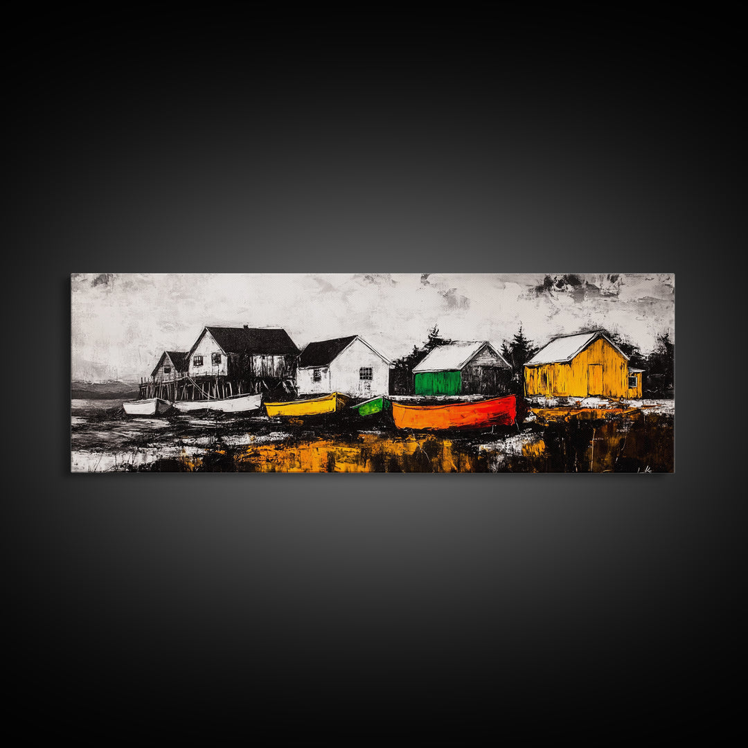 Coastal Village, Nautical Wall Art, Boat Painting, Framed Canvas Print, Beach House Decor, Seaside Landscape, Maritime Theme