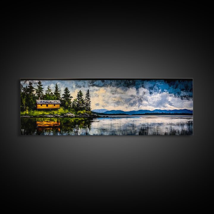 Cabin on the Lake, Peaceful Landscape, Nature Lover Art, Framed Canvas Print, Mountain View, Serene Wall Decor, Scenic Painting
