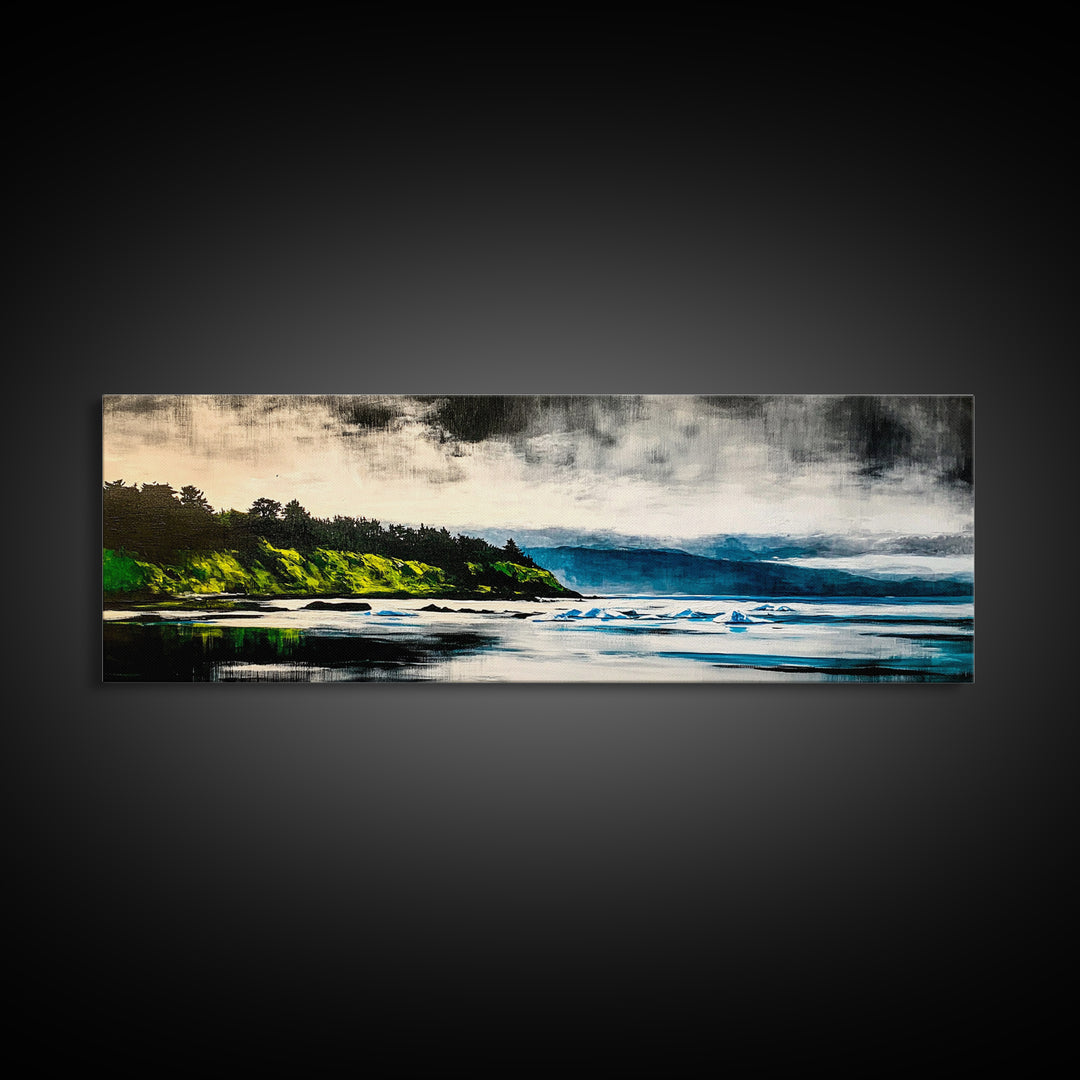 Coastal Wilderness, Green Cliffs and Water, Framed Canvas Print, Modern Nature Art, Living Room Wall Art, Bold Landscape Painting, Serene Decor