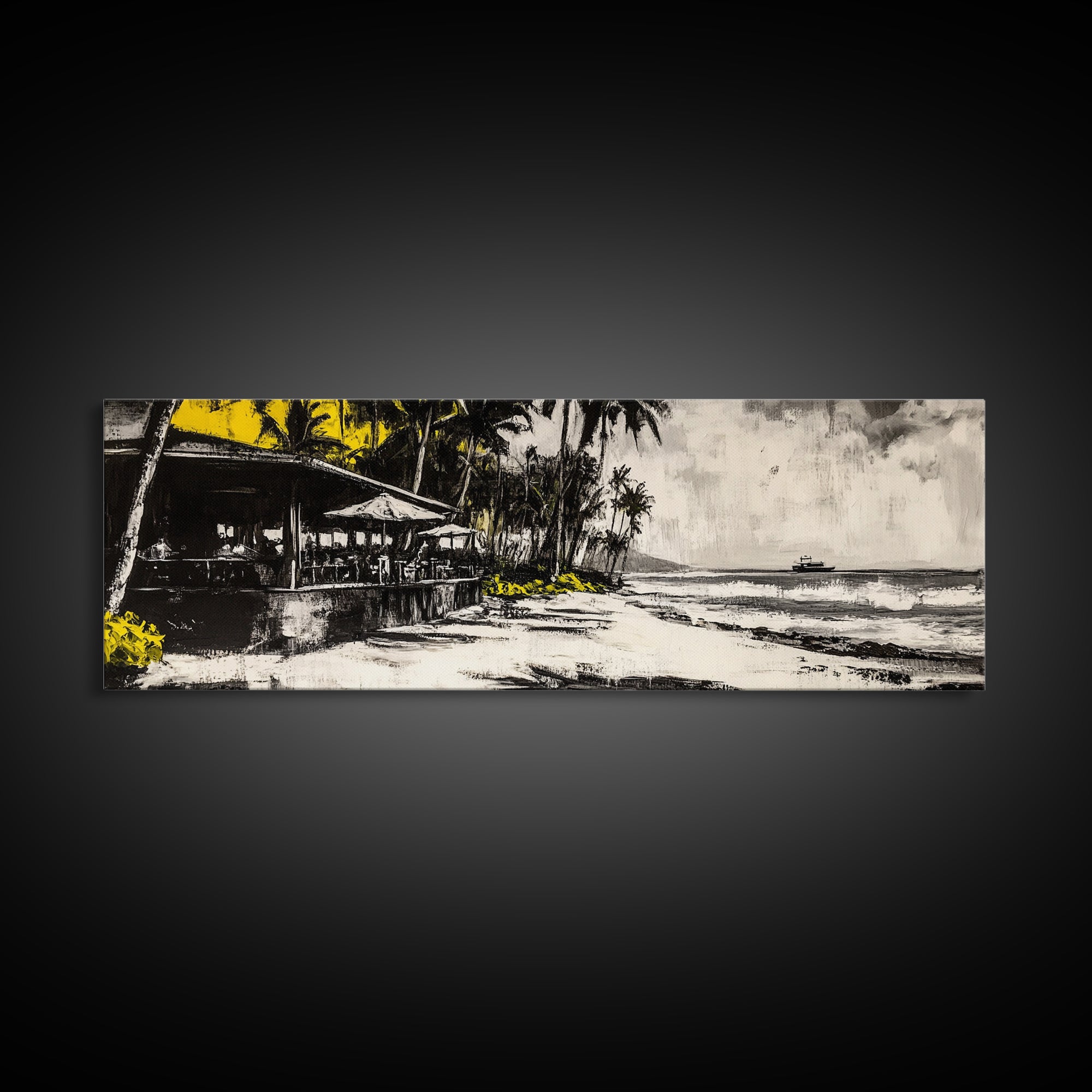 Beachside Restaurant, Ocean Waves, Coastal Cafe, Palm Trees, Framed Canvas Print, Tropical Wall Art, Living Room Art, Nautical Decor