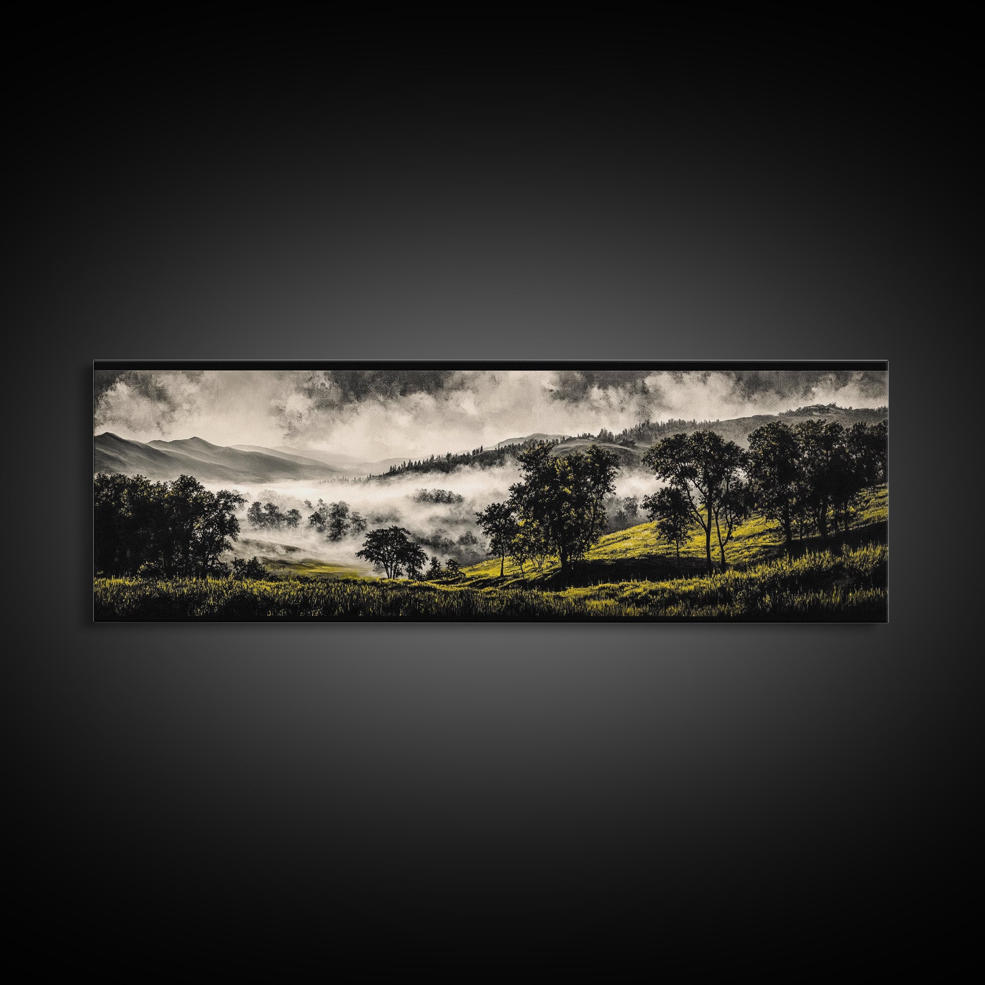Rolling Hills, Misty Landscape, Moody Mountain Art, Nature Inspired Decor, Framed Canvas Print, Living Room Wall Art, Dramatic Foggy Scene
