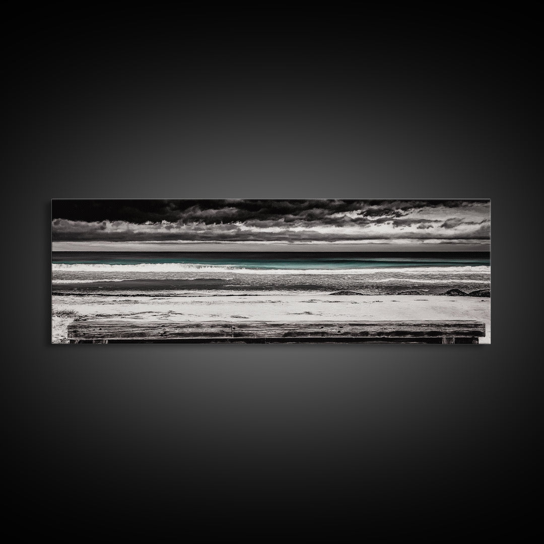 Ocean Bench, Beach Serenity, Black and White Seascape, Minimalist Art, Framed Canvas Print, Calm Coastal, Meditation Space