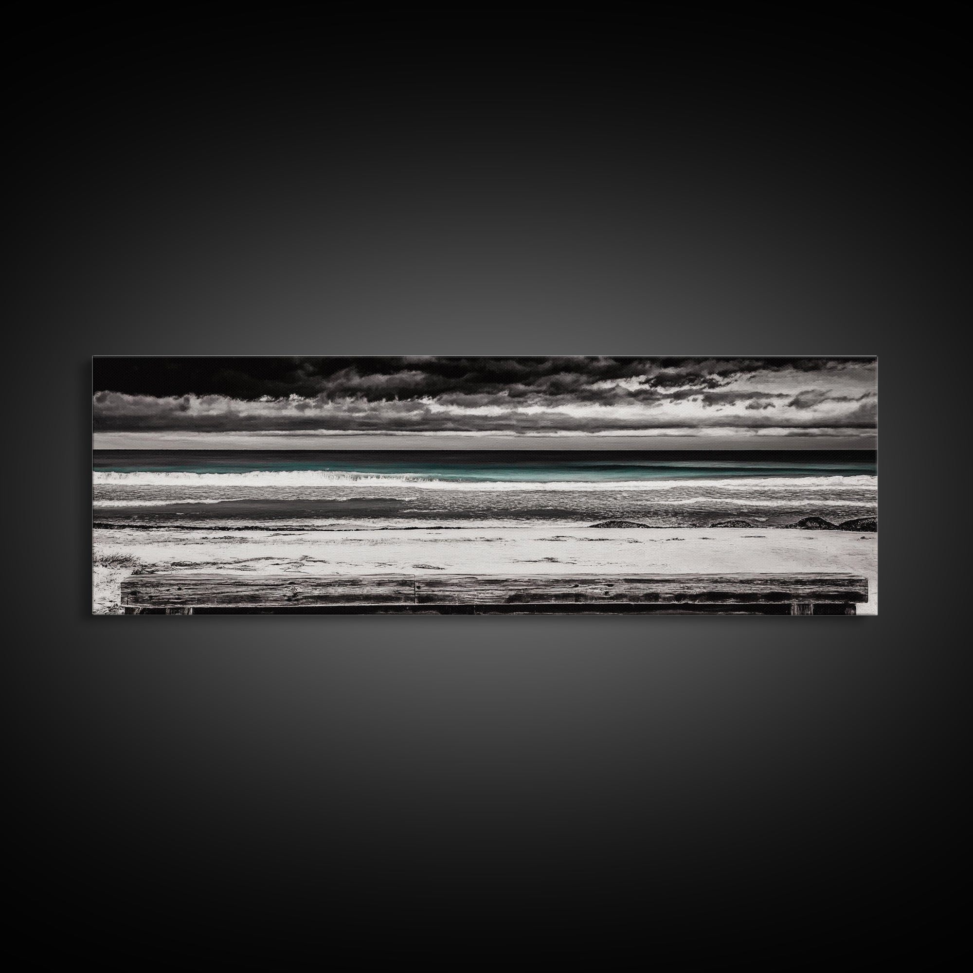 Ocean Bench, Beach Serenity, Black and White Seascape, Minimalist Art, Framed Canvas Print, Calm Coastal, Meditation Space