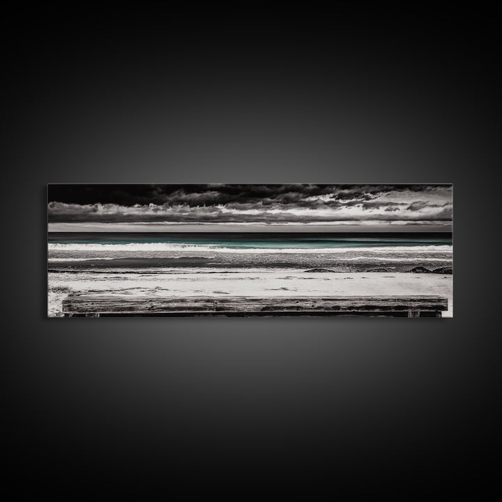 Ocean Bench, Beach Serenity, Black and White Seascape, Minimalist Art, Framed Canvas Print, Calm Coastal, Meditation Space