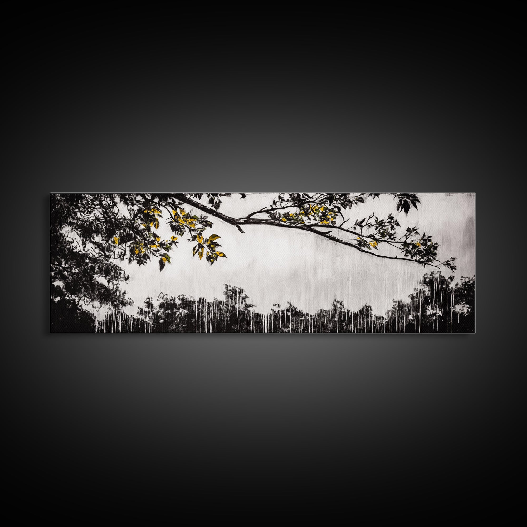 Black White, Dripping Leaves, Modern Art, Framed Canvas Print, Minimalist Decor, Neutral Wall Art, Living Room Wall Art, Monochrome Nature Scene