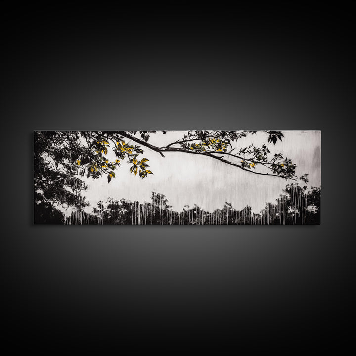 Black White, Dripping Leaves, Modern Art, Framed Canvas Print, Minimalist Decor, Neutral Wall Art, Living Room Wall Art, Monochrome Nature Scene