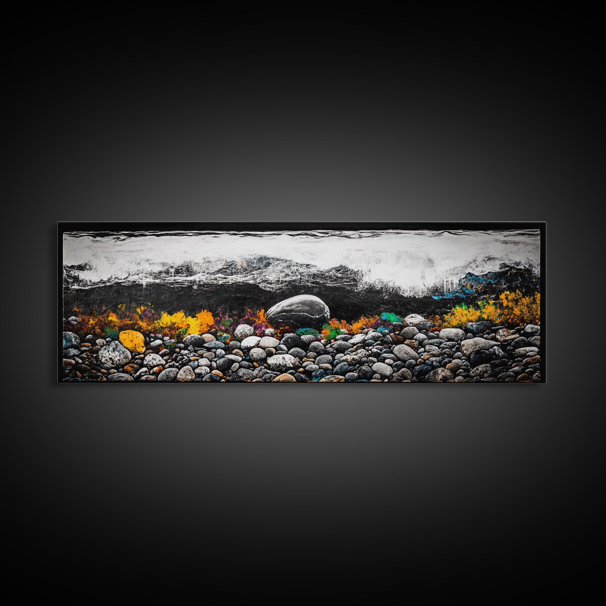 Pebble Beach, Ocean Waves, Coastal Rocks, Canvas Print, Nautical Home Decor, Beach House Art, Nature-Inspired Wall Art, Minimalist Seascape