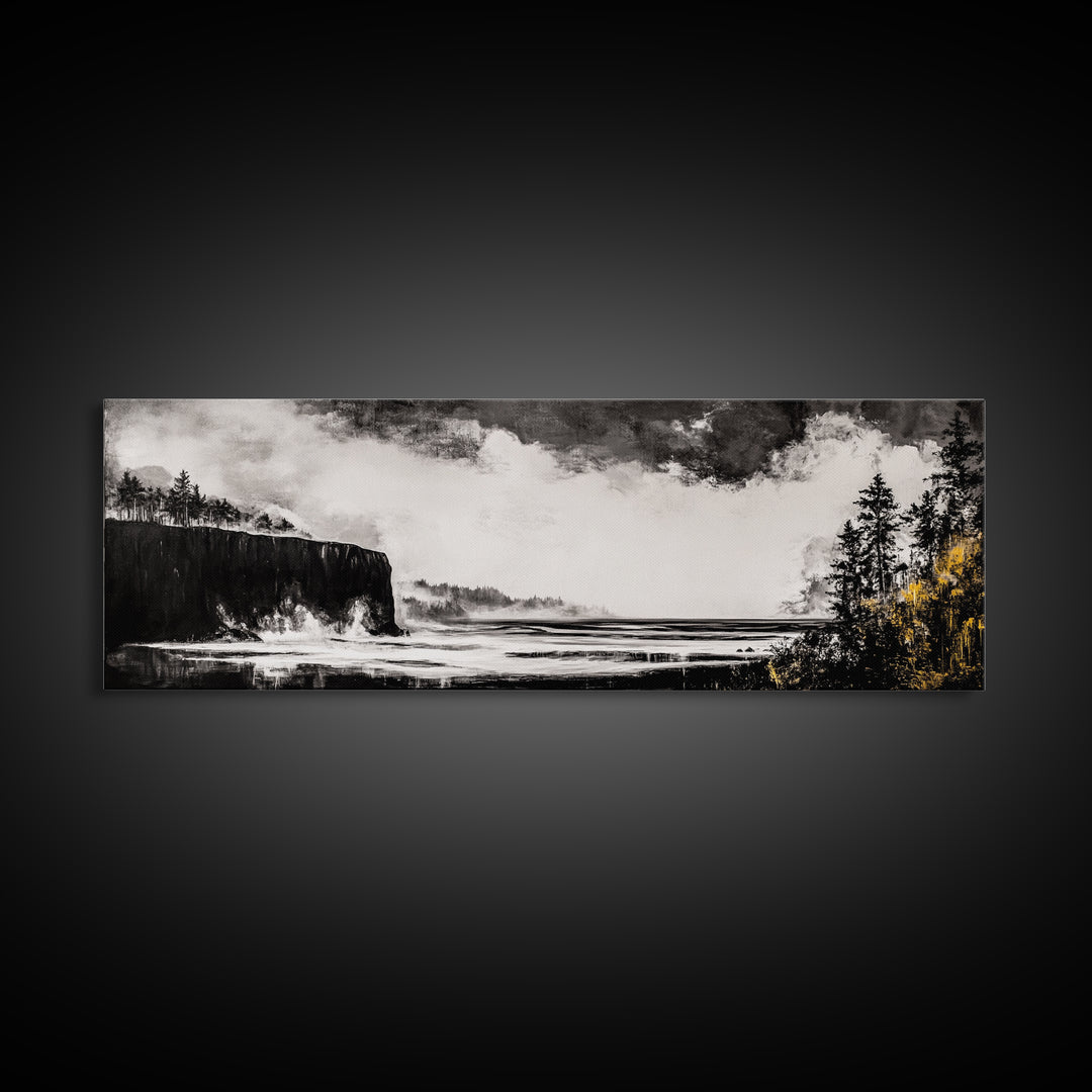 Cliffside Ocean, Dramatic Seascape, Moody Coast, Monochrome, Framed Canvas Print, Coastal Wall Art, Nautical Decor, Large Wall Art