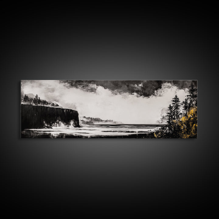 Cliffside Ocean, Dramatic Seascape, Moody Coast, Monochrome, Framed Canvas Print, Coastal Wall Art, Nautical Decor, Large Wall Art