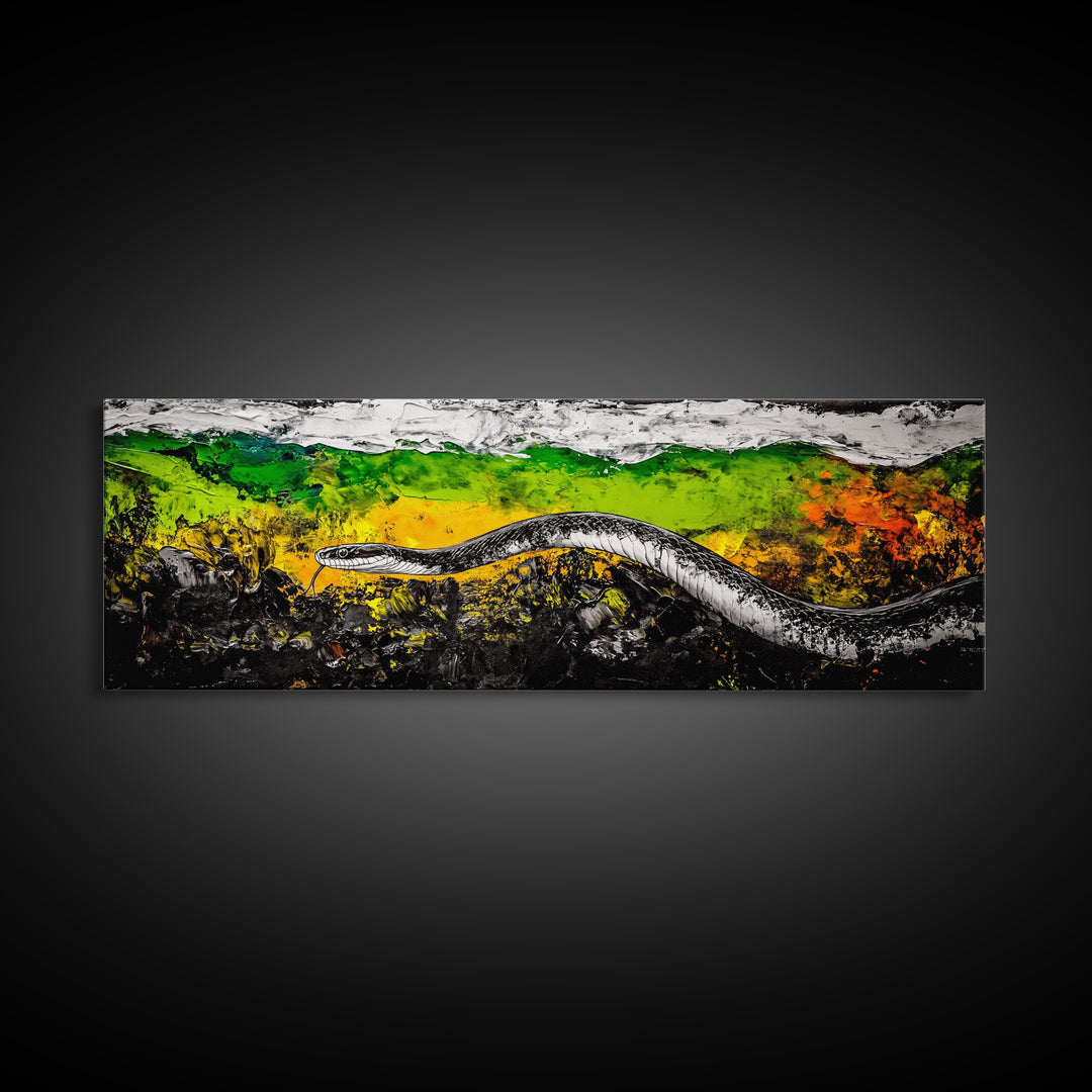 Abstract Snake, Vibrant Reptile Art, Jungle Theme, Wildlife Painting, Green and Yellow, Bold Nature Print, Framed Canvas Print