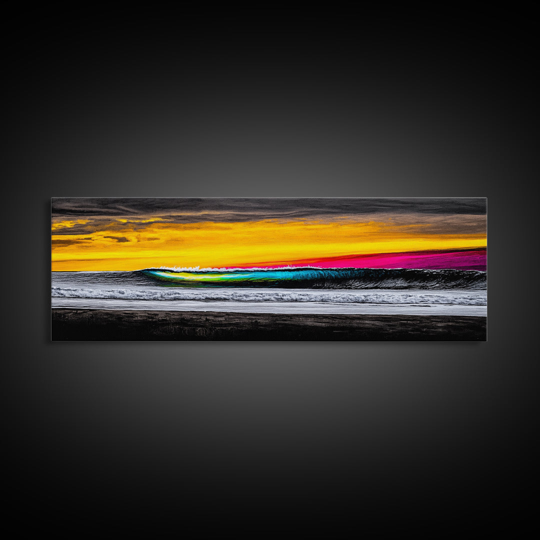 Ocean Wave, Sunset Beach Art, Vibrant Seascape, Coastal Decor, Surfer Gift, Blue and Yellow, Modern Wall Art, Canvas Print