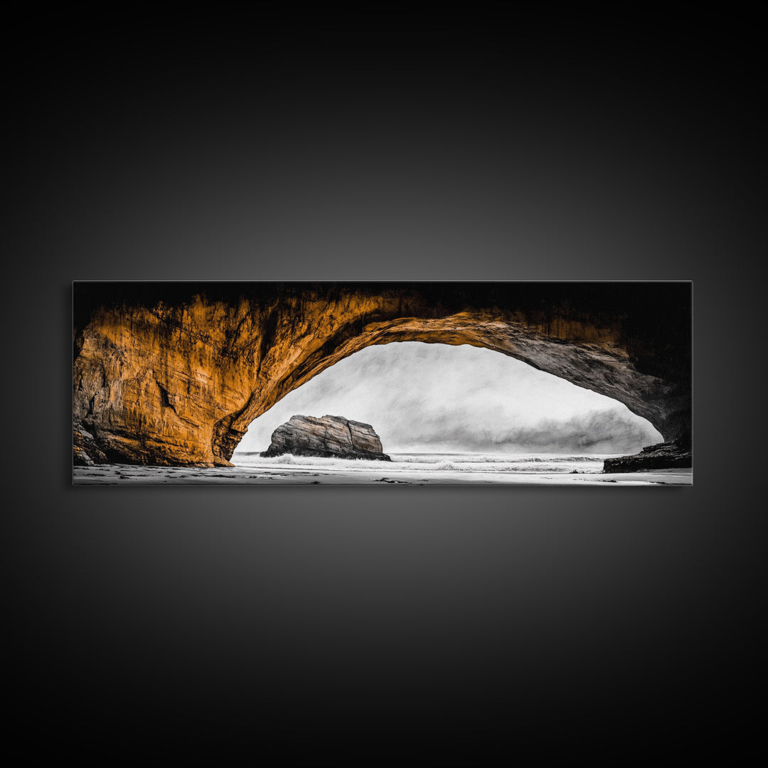 Natural Arch, Coastal Cliff Art, Black and White Landscape, Beach Rock Formation, Dramatic Seascape, Home Wall Decor, Canvas Print