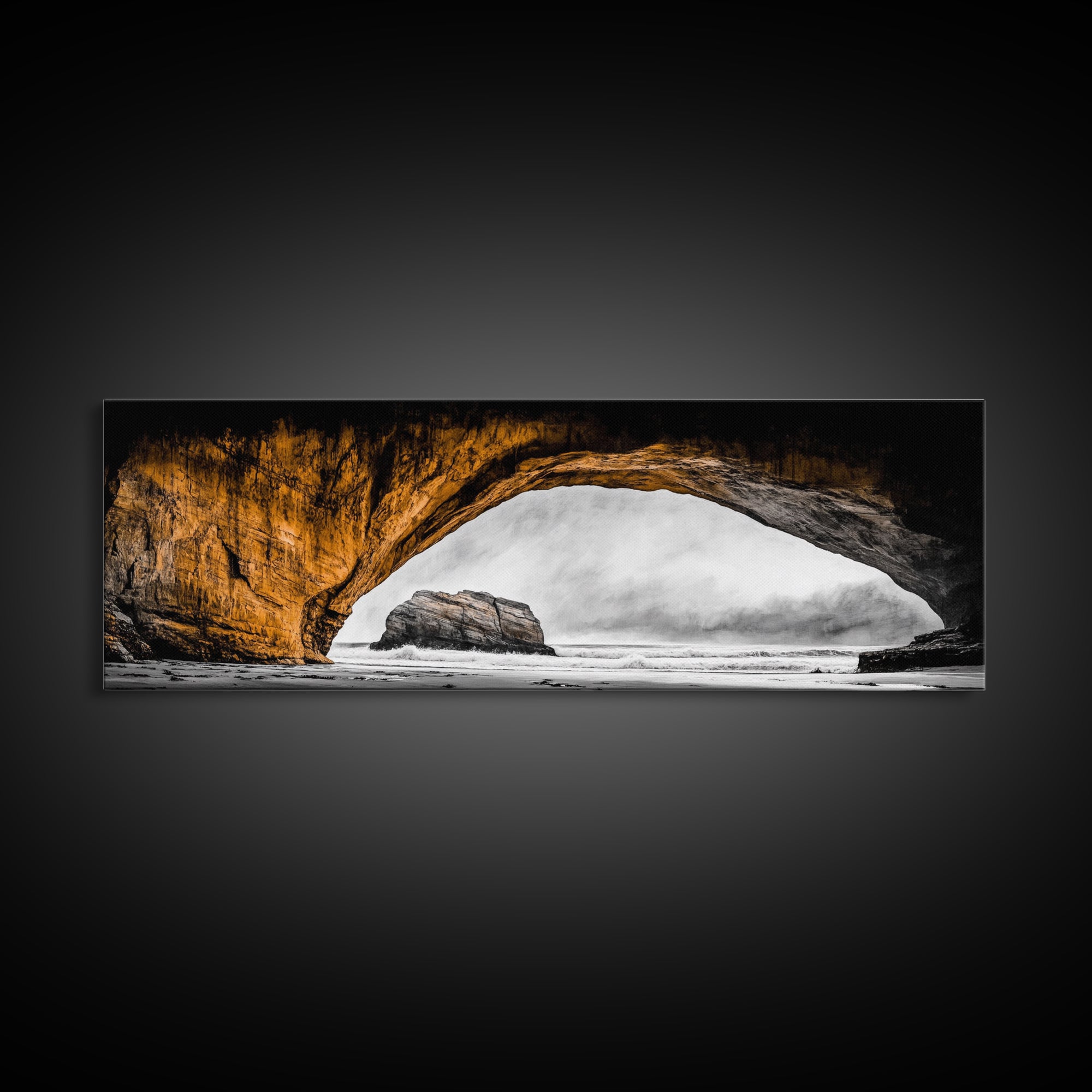 Natural Arch, Coastal Cliff Art, Black and White Landscape, Beach Rock Formation, Dramatic Seascape, Home Wall Decor, Canvas Print