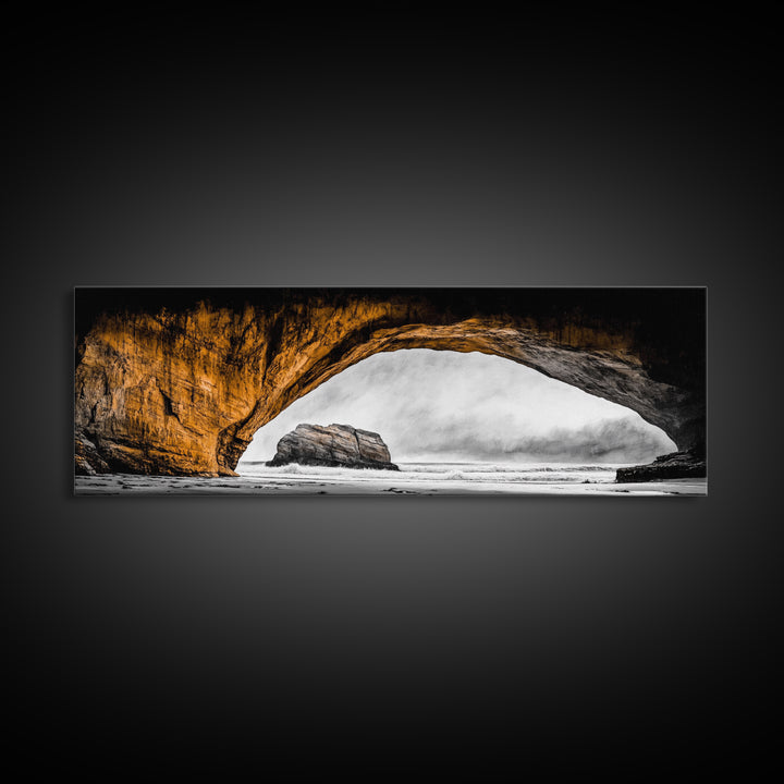 Natural Arch, Coastal Cliff Art, Black and White Landscape, Beach Rock Formation, Dramatic Seascape, Home Wall Decor, Canvas Print
