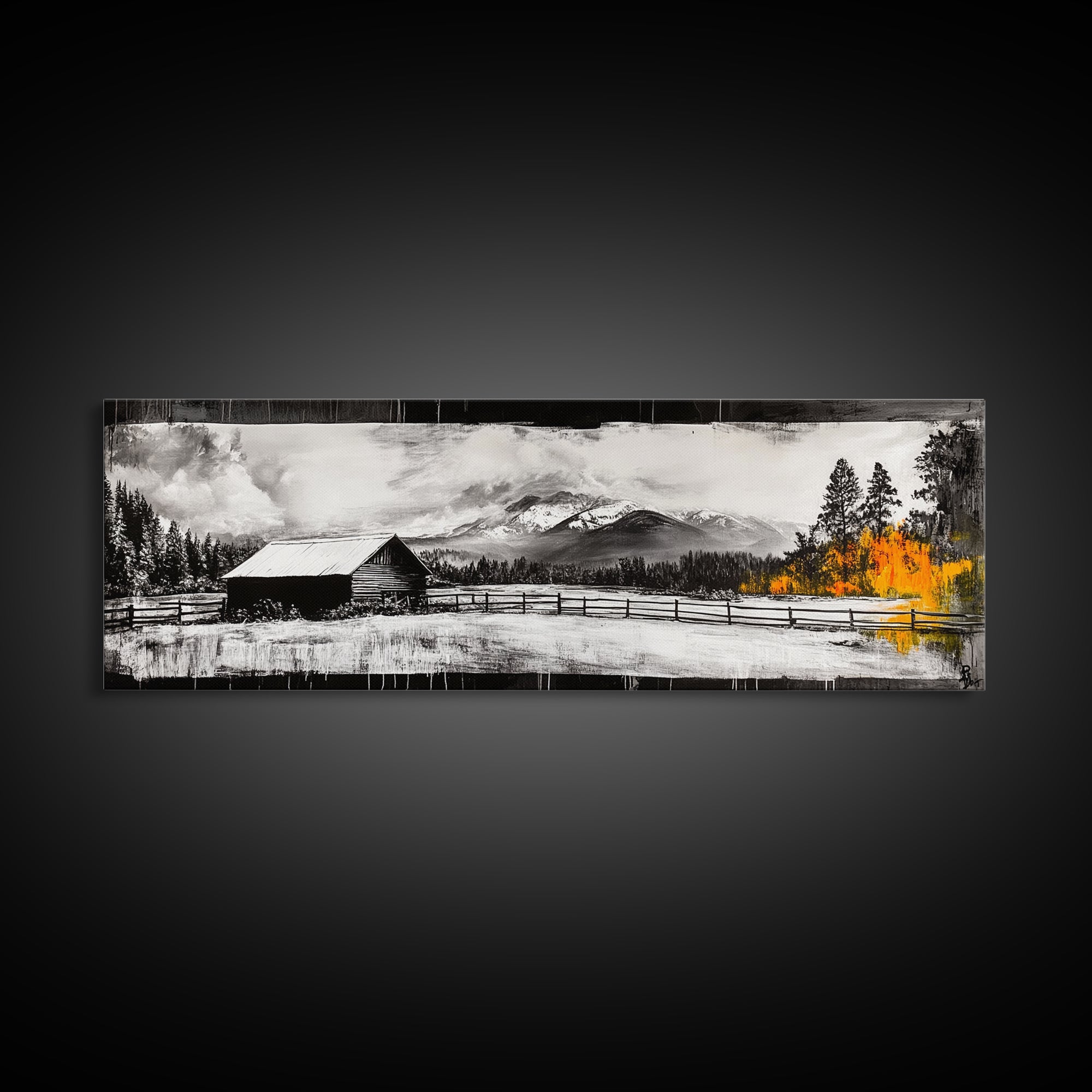 Cabin in Mountains, Rustic Winter Scene, Black and White Art, Fall Forest Accent, Cozy Lodge, Living Room Decor, Framed Canvas Print