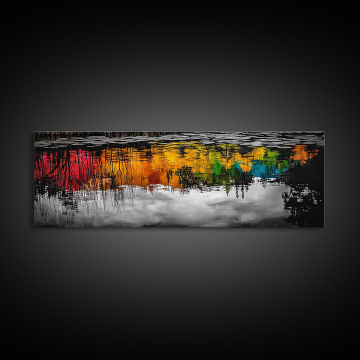 Colorful Reflection, Abstract Water Art, Nature Painting, Autumn Trees, Vibrant Colors, Black and White Contrast, Canvas Print
