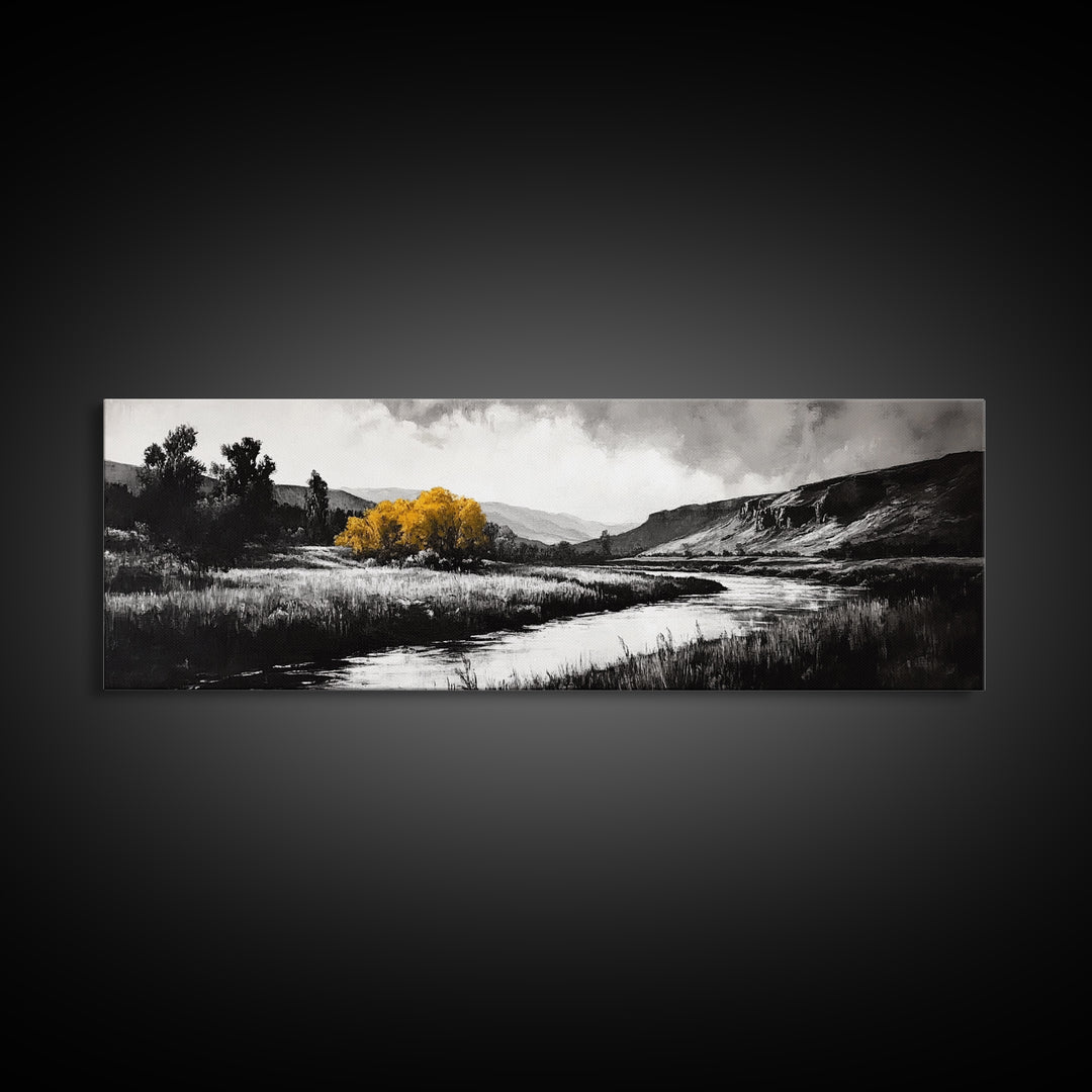 River Landscape, Rustic Nature Art, Black and White with Yellow Accent, Peaceful Scenery, Living Room Decor, Canvas Print