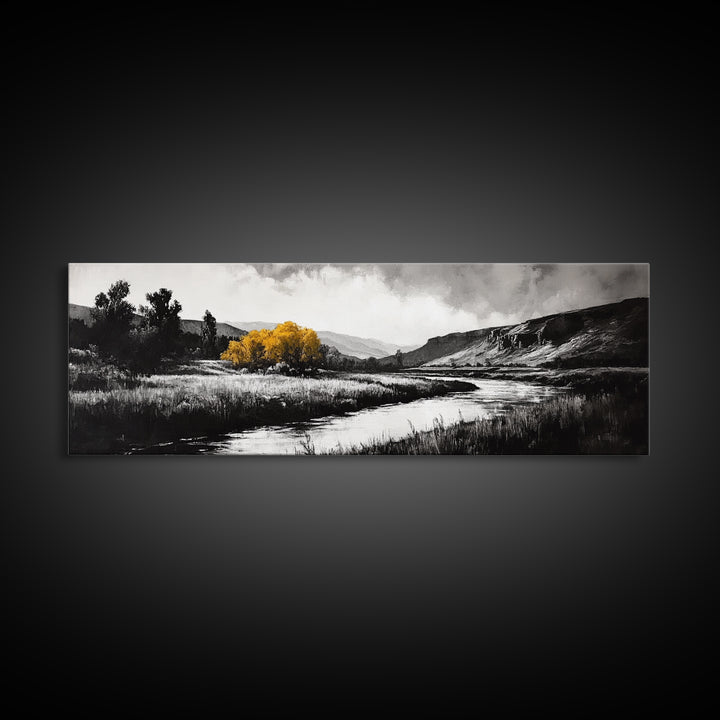 River Landscape, Rustic Nature Art, Black and White with Yellow Accent, Peaceful Scenery, Living Room Decor, Canvas Print